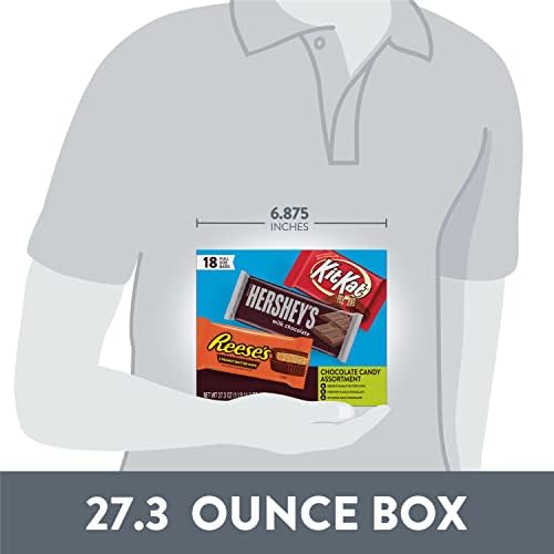 HERSHEY'S, KIT KAT and REESE'S Assorted Milk Chocolate, Full Size Bars Variety Box, 27.3 oz - 18 Count (Pack of 2)