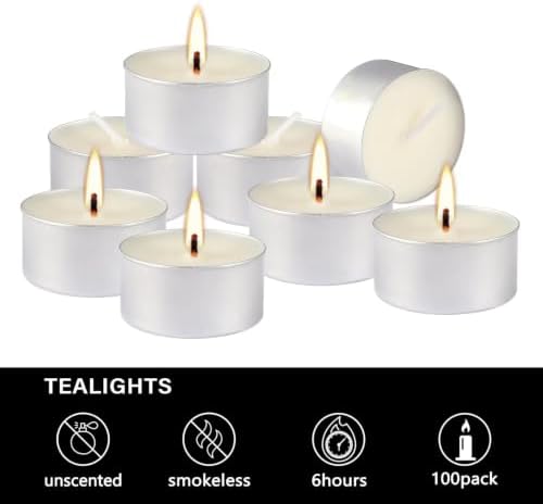 100 Pack White Bulk Candles, 6 Hour Unscented Tea Lights Candles