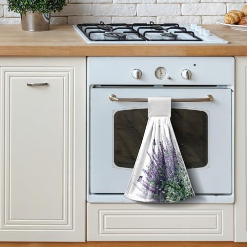 Purple Lavender Flower Hand Towels for Bathroom Set of 2 Watercolor Floral Hanging Dish Towels Spring Summer Kitchen Towel with Hanging Loop Fingertip Small Bath Tie Towel for Guest Decor