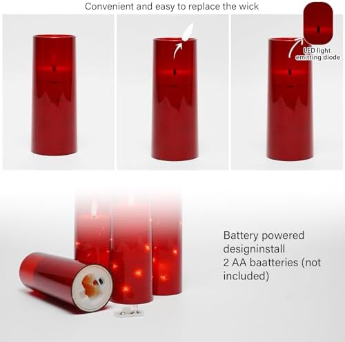 kakoya Flameless LED Candles with Timer 9 Pc Flickering Flameless Candles for Romantic Ambiance and Home Decoration Stable Acrylic Shell,with Embedded Star String，Battery Operated Candles（Red）
