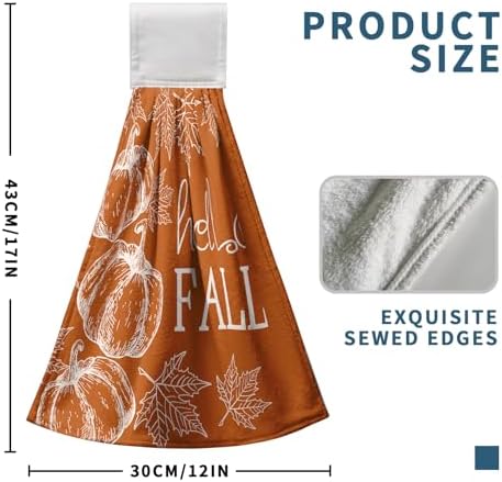 Hello Fall Pumpkin Kitchen Hanging Towels Set of 2 Autumn Maple Leaves Orange Hand Towel with Hanging Loop Seasonal Thanksgiving Fingertip Bath Towels Soft Absorbent Dish Tie Towel