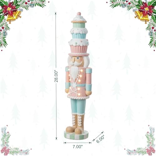 Glitzhome Christmas Front Porch Decor, Lighted Macaron Pink and Blue Resin Xmas Cupcake Nutcracker Porch Decor w/Timer for Indoor Outdoor Patio Standing Decor, 28" H