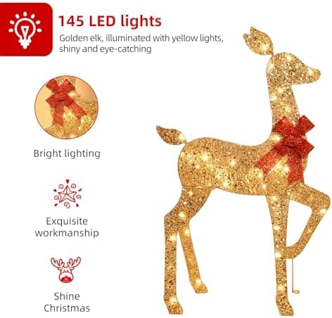 3-Piece 2D Lighted Christmas Deer Family Set - HOYECHI Large Outdoor Yard Reindeer Holiday Decoration with 145 LED Lights, Stakes, Zip Ties - Gold