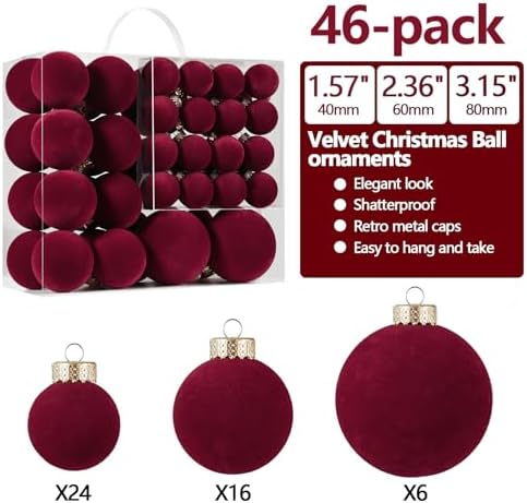 Burgundy Velvet Christmas Ball Ornaments-46pcs Shatterproof Tree Decoration