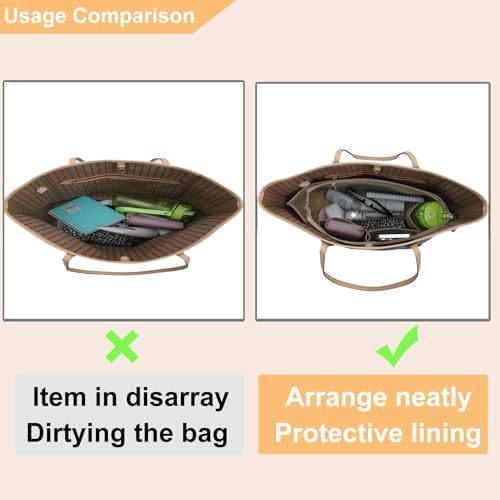 Doxo Purse Organizer Insert for Handbags, Felt Neverfull MM Organizer Insert with Cover, Tote Bag Organizer with Zipper Pocket and Bottle Holder, Fit Neverfull MM and More, Beige-L