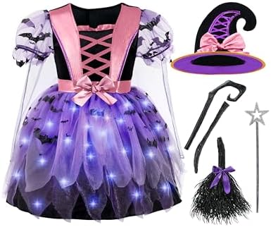 Spooktacular Creations Girls Light Up Witch Costume, Kids Witch Costume with Hat and Broom for Toddler Halloween Dress Party