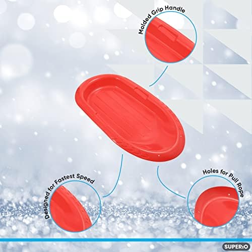 Superio Toboggan Snow Sleds for Kids and Adults, 2 Pack Heavy Duty Plastic Sliders with Handles and Hole for Pull Ropes- Kid and Adult Winter Fun