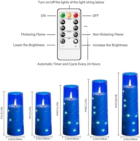 kakoya Flameless LED Candles with Timer 5 Pc Flickering Flameless Candles for Romantic Ambiance and Home Decoration Stable Acrylic Shell,with Embedded Star String，Battery Operated Candles（Blue）