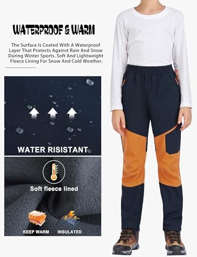 Kids Winter Pants Fleece Lined Waterproof Boys Ski Pants Thermal Outdoor Softshell with Zipper Pockets