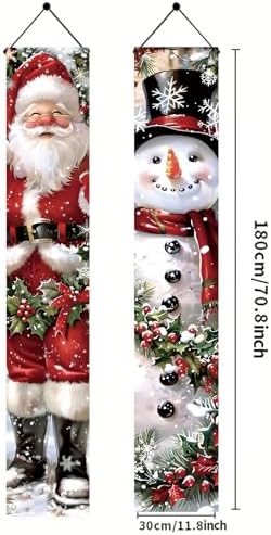 2PCS Christmas Porch Banner Decorations 71 x 12 Inch Santa and Snowman Hanging Sign Outdoor Vertical Front Door Holiday Banner for Winter Yard Party Home Wall Entryway Decor