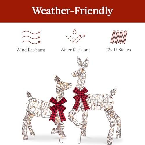 Best Choice Products 4ft 3-Piece 2D Lighted Christmas Deer Family Set, Large Outdoor Yard Reindeer Holiday Decoration with 175 LED Lights, Stakes, Zip Ties - Rattan