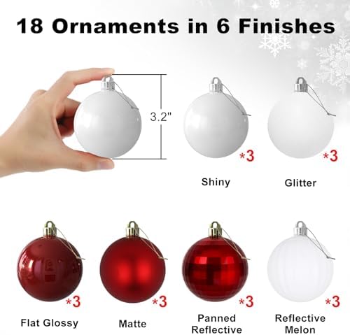 Red & White 3.2" Large Christmas Balls - Christmas Tree Decoration Ornaments Shatterproof Hanging Balls for Birthday Halloween Holiday Wedding Decorations Set of 18pcs