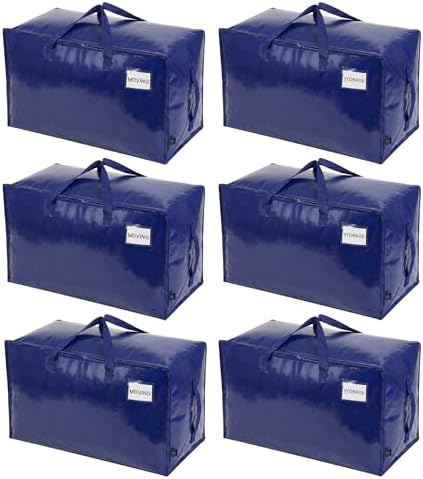 VENO 6 Pack Extra Large Heavy Duty Moving Bags with Wide Opening & Reinforced Handles, Reusable Storage Tote Bags with Strong Zippers for Clothes, College Dorm Essentials & Moving Supplies