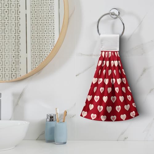 Valentines Heart Kitchen Hanging Towels Valentines Day Red Love Hearts Hand Towels with Hanging Loops Set of 2 Oven Stove Dish Hang Towel Soft Absorbent Tea Bar Bath Tie Towel