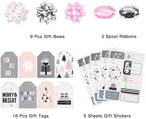 WRAPAHOLIC Christmas Wrapping Paper Set - Rustic Kraft Pink and Grey Christmas Kraft Wrapping Paper Bundle with Gift Bow & Ribbon & Tag & Sticker, Perfect for Birthday, Holiday, Party