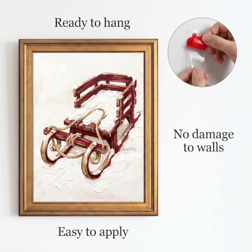 Framed Canvas Wall Art Painterly Rustic Sled Red Wood and White Snow Canvas Print Poster Gold Frame Wall Decor for Living Room Holiday Decoration, Cozy Home Art - Inch 24x36