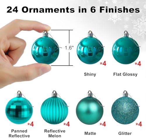 Teal 1.6" Small Christmas Balls Christmas Tree Decoration Ornaments Shatterproof Hanging Balls for Birthday Halloween Holiday Wedding Decorations Set of 24pcs