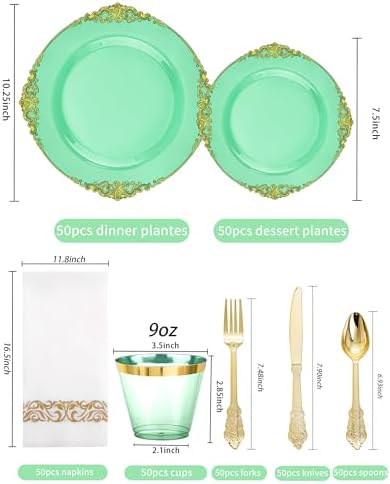 Hioasis 350 Pcs Green Gold Plates for Party