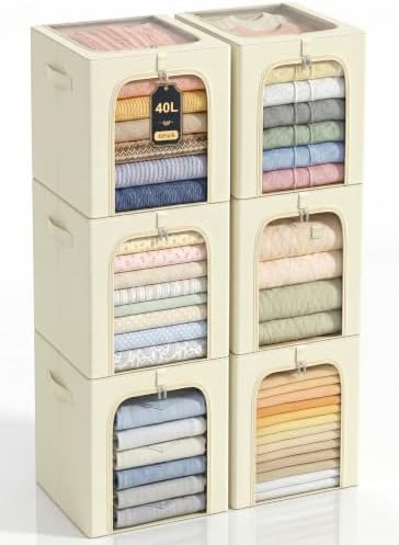 GoMaihe Clothes Storage Bins with Metal Frame for Closet, 40L 6-Pack Beige