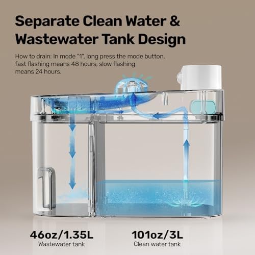 Cat Water Fountain, Wastewater Separation & No Filter Cotton, Pet Water Dispenser with 101oz/3L Large Capacity Tank, Wireless Automatic Water Fountains for Cats Indoor Cat Watering Supplies