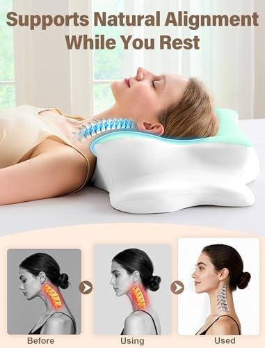Cervical Neck Pillow for Pain Relief – Ergonomic Memory Foam Pillow for Side Sleeper Contour Orthopedic Bed Pillow for Neck Support with Cooling Cover – Ideal Christmas Birthday Gift for Women - Green