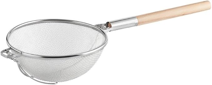 Soro Essentials- 12" Double Tinned Fine Mesh Strainer with Reinforced Bands Pan Hook Wooden Handle- Food Sieve Strainer Kitchen Mesh Strainer Utensil for Cooking Rice Quinoa Pasta Fruits Vegetable