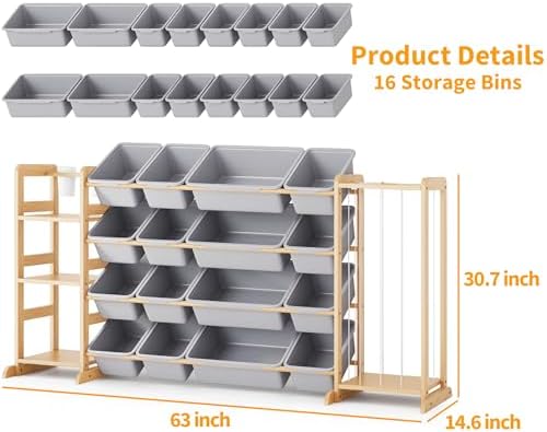 Toy Storage Organizer with Bookshelf and Stuffed Animal Storage - Kids Playroom Organization with 3 Shelves and 16 Toy Bins - Toddler Living Room Toy Box for Lego - Nursery Bedroom Decor Essential