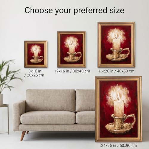 Framed Canvas Wall Art Painterly Glowing Candle Brass Holder Red and Gold Impasto Art Canvas Print Poster Gold Frame Wall Decor for Living Room Warm Ambiance, Traditional Decor - Inch 12x16