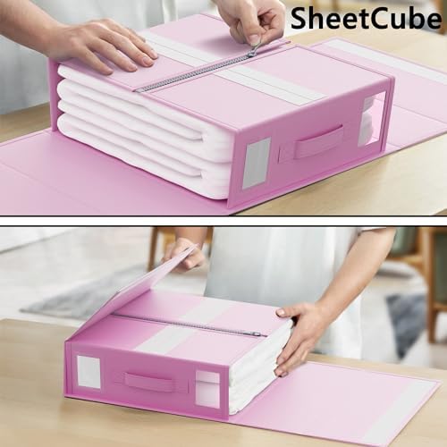 SUOCO SheetCube Bed Sheet Organizers and Storage 4 Pack, Foldable Linen Closet Organizer with Window and Label, Bedding Folder Storage Box Container for Blanket, Duvet Cover Set, Bed Sheet Set - Pink