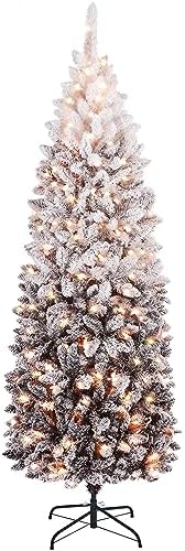 Yaheetech 6ft Pre-lit Snow Flocked Pencil Christmas Tree, Black Gradient