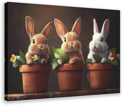 JDBeehpy Three Rabbits in Flowerpot Canvas Painting Prints Framed 12x18in