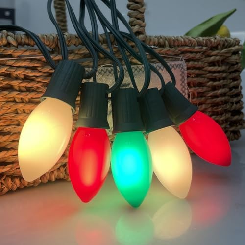 SUNSGNE C9 LED Outdoor Vintage Christmas Lights, 25FT Christmas Tree Lights with 26 0.6W LED Red Green White Bulbs(1 Spare) for Patio Garden Holiday Home Décor, Green Wire