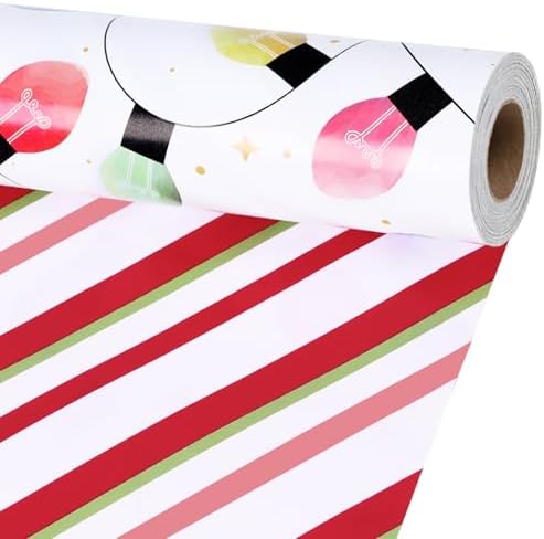 LaRibbons Reversible Christmas Wrapping Paper, Christmas Lights & Striped