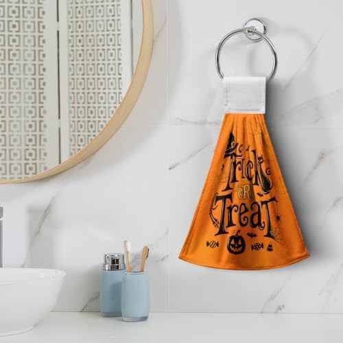 Halloween Trick or Treat Hand Towel with Hanging Loop Spooky Witch Haunted Castle Kitchen Hanging Towels Set of 2 Seasonal Holiday Fingertip Bath Towels Soft Absorbent Dish Tie Towel
