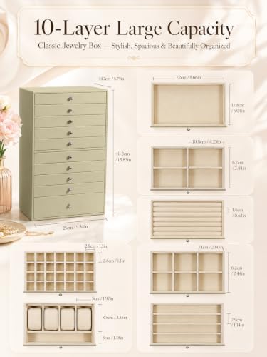 GUKA 10 Layer Jewelry Box with Drawers, Large Jewelry Organizer, Green/10 layer