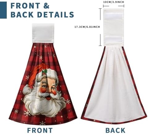 Santa Claus Christmas Hanging Hand Towels Set of 2 Red Black Buffalo Plaid Xmas Kitchen Towels with Hanging Loop Winter Holiday Oven Stove Dish Cloth Soft Absorbent Bath Tie Towel for Bathroom Decor