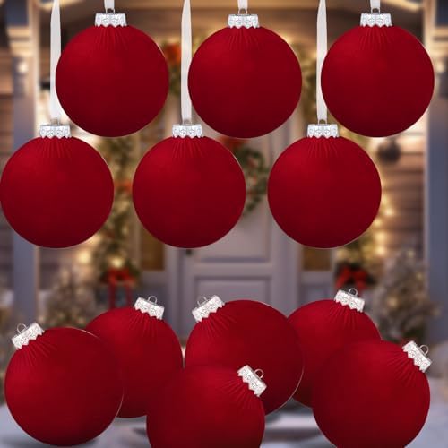 12 Pcs Jumbo Red Velvet Christmas Balls Ornaments Bulk 6 Inch Extra Large Flocked Christmas Tree Ornaments Xmas Bulbs Decorations Giant Hanging for Outdoor Indoor Xmas Home Party