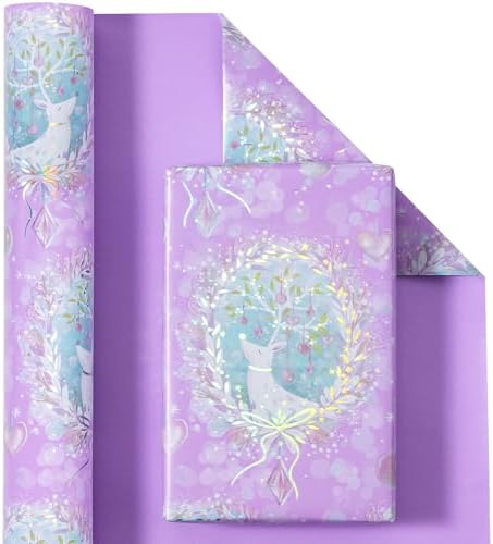 WRAPAHOLIC Reversible Purple Christmas Wrapping Paper - Mini Roll - 17 Inch x 33 Feet - Purple Reindeer and Christmas Garland with with Metallic Foil Shine for Holiday, Party Celebration
