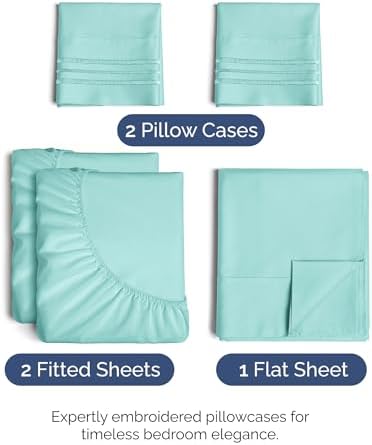 Split King Size 5 Piece Sheet Set - Breathable & Cooling Sheets - Spa Blue