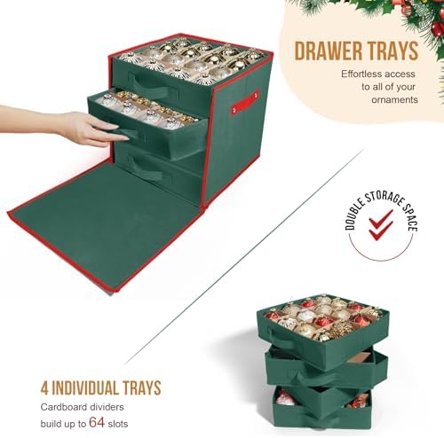 Premium Christmas Ornament Storage Box Keeps 64 3" & 4 Individual Trays ﻿