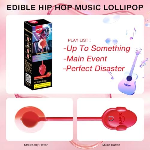 Amos Music Lollipop Candy, Audio Singing Lollipop, Unique Mother's Day Treat, Individually Wrapped Natural Strawberry Flavor (1 Pack)