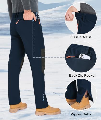 Mens Winter Snow Pants Waterproof Thermal Fleece Lined Hiking Pants with Zip Pockets