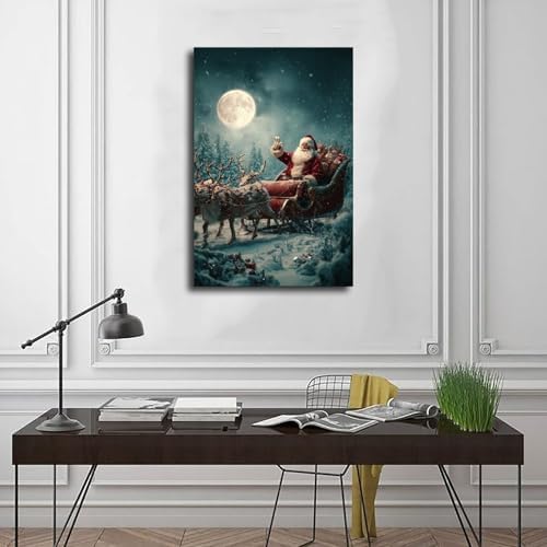 JDBeehpy Santa Claus Sleigh Reindeer Canvas Painting Unframed 16x24inch