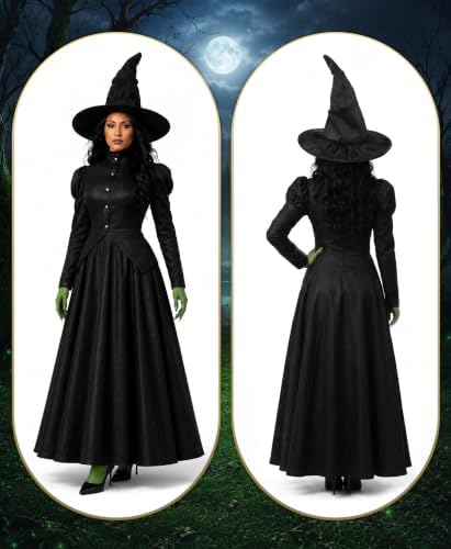 Witch Costume for Women Halloween Adult Black Witch Dress Set with Hat Green Gloves Tights for Costume Party Cosplay