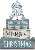 Lineshading 4 Pcs Christmas Table Decor, Blue Snowman Wooden Block Signs