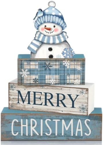 Lineshading 4 Pcs Christmas Table Decor, Blue Snowman Wooden Block Signs