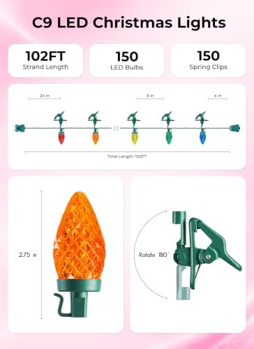 Brightown Christmas Lights Outdoor, 102FT 150LED C9 String Light with Clips