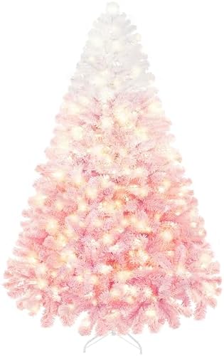 Yaheetech 7.5ft Prelit Flocked Christmas Tree, Pink & White, 550 Lights