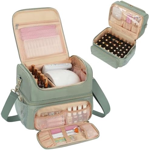 CUBETASTIC Nail Polish Organizer & Storage Bag for 48 Bottles & Full-Size Lamp, Double-Layer Travel Case Box for Nail Supplies, Manicure Kit & Pedicure Tools (Green, 48 Slots)