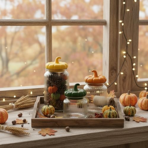 Mimorou 3 Set Pumpkin Glass Jar with Pumpkin Airtight Ceramic Lid 44 oz 33 oz 22oz Fall Clear Candy Jar Food Storage for Thanksgiving Party Cookie Table Decoration(Yellow, Orange, Green,Autumn)